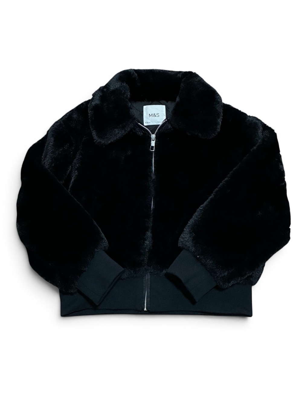 Marks Spencer Girls Faux Fur Bomber Jacket Black Size 9-10 Years Plush Collared